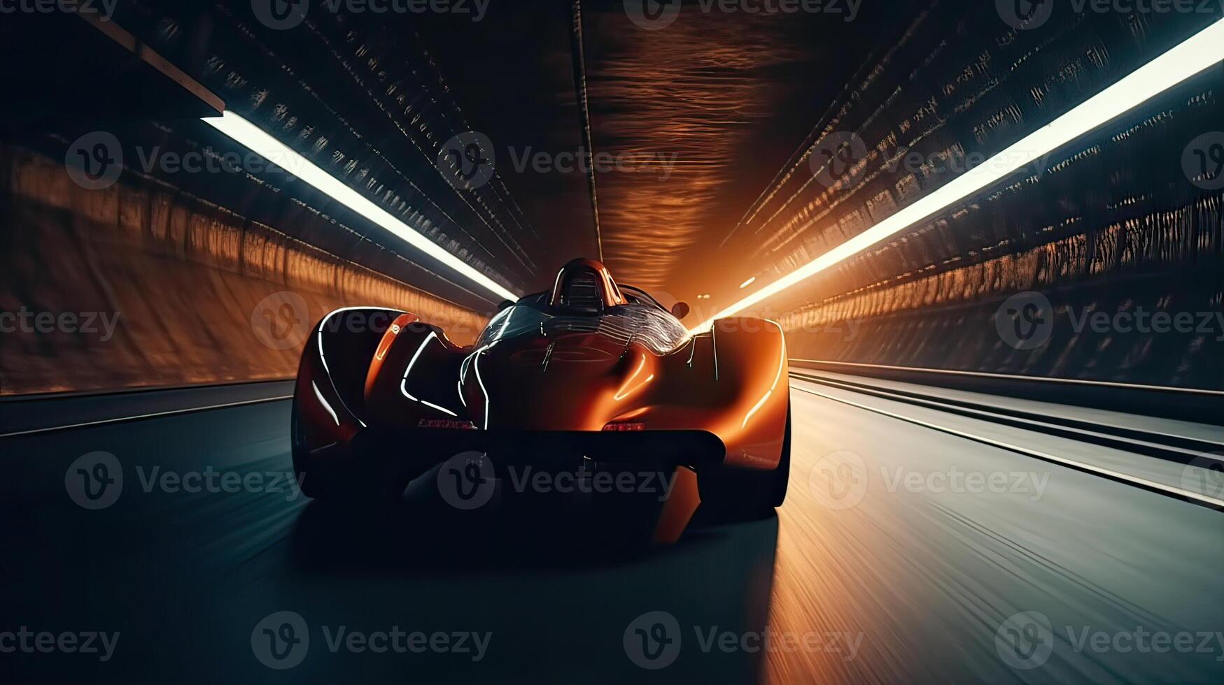 Futuristic Sports Car On Highway. Powerful acceleration of a supercar on a night track with lights and trails. 3d illustration. . photo