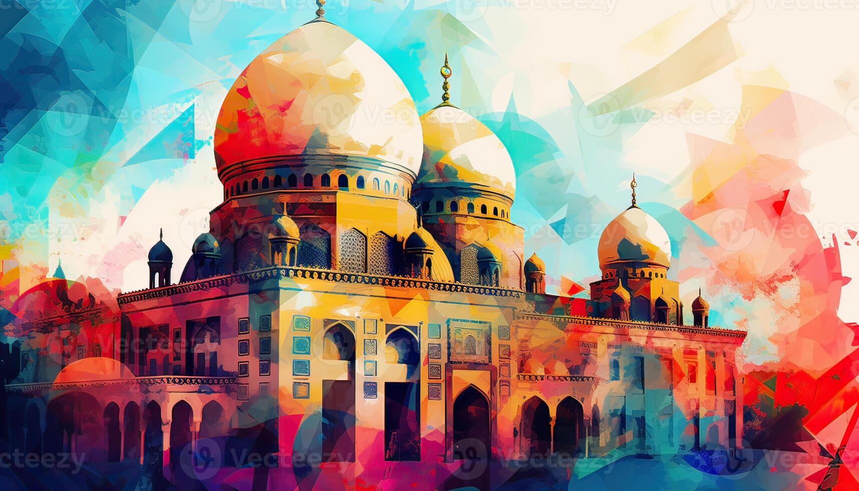 water color painting Arabic Islamic Typography design Mawlid al-Nabawai al-Sharif greeting card with dome and minaret of the Prophet's Mosque. photo