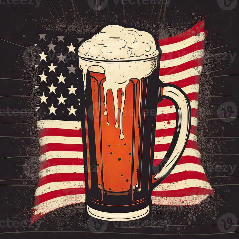 Mug of beer with American flag on dark background. retro illustration. . photo