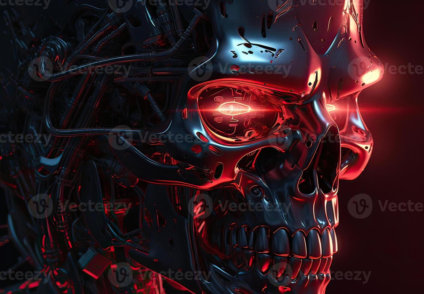 Two skulls terminator look at each other black background. . photo