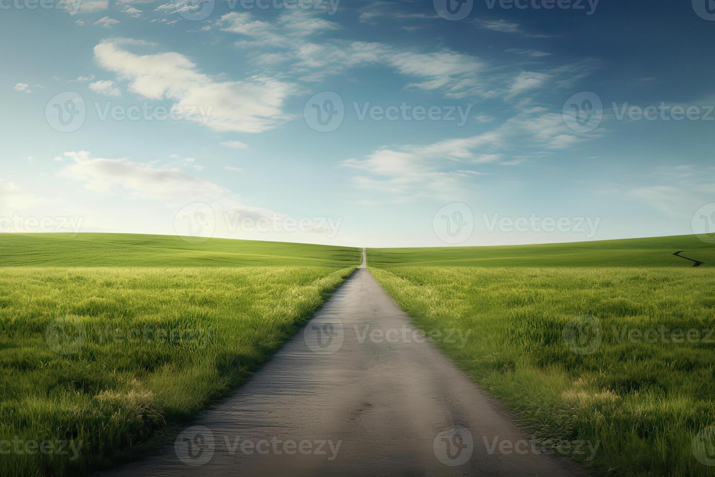 The landscape of grass fields and blue sky road leading off into the distance. . photo