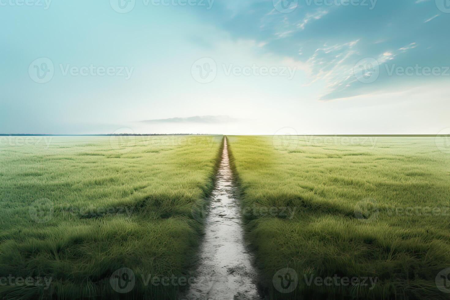 The landscape of grass fields and blue sky road leading off into the distance. . photo