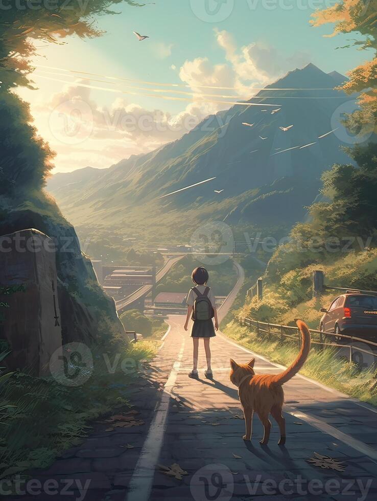 illustration of Young woman, female model walking away on an empty road. walking towards the mountains. . photo