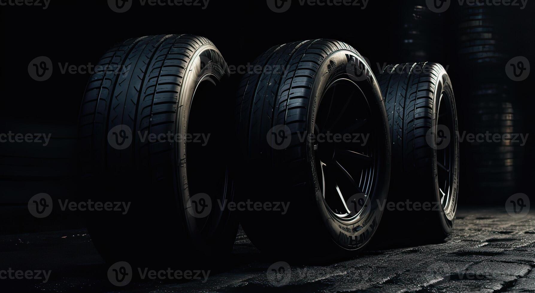 New car tires. Group of road wheels on dark background. Summer Tires with asymmetric tread design. Driving car concept. . photo