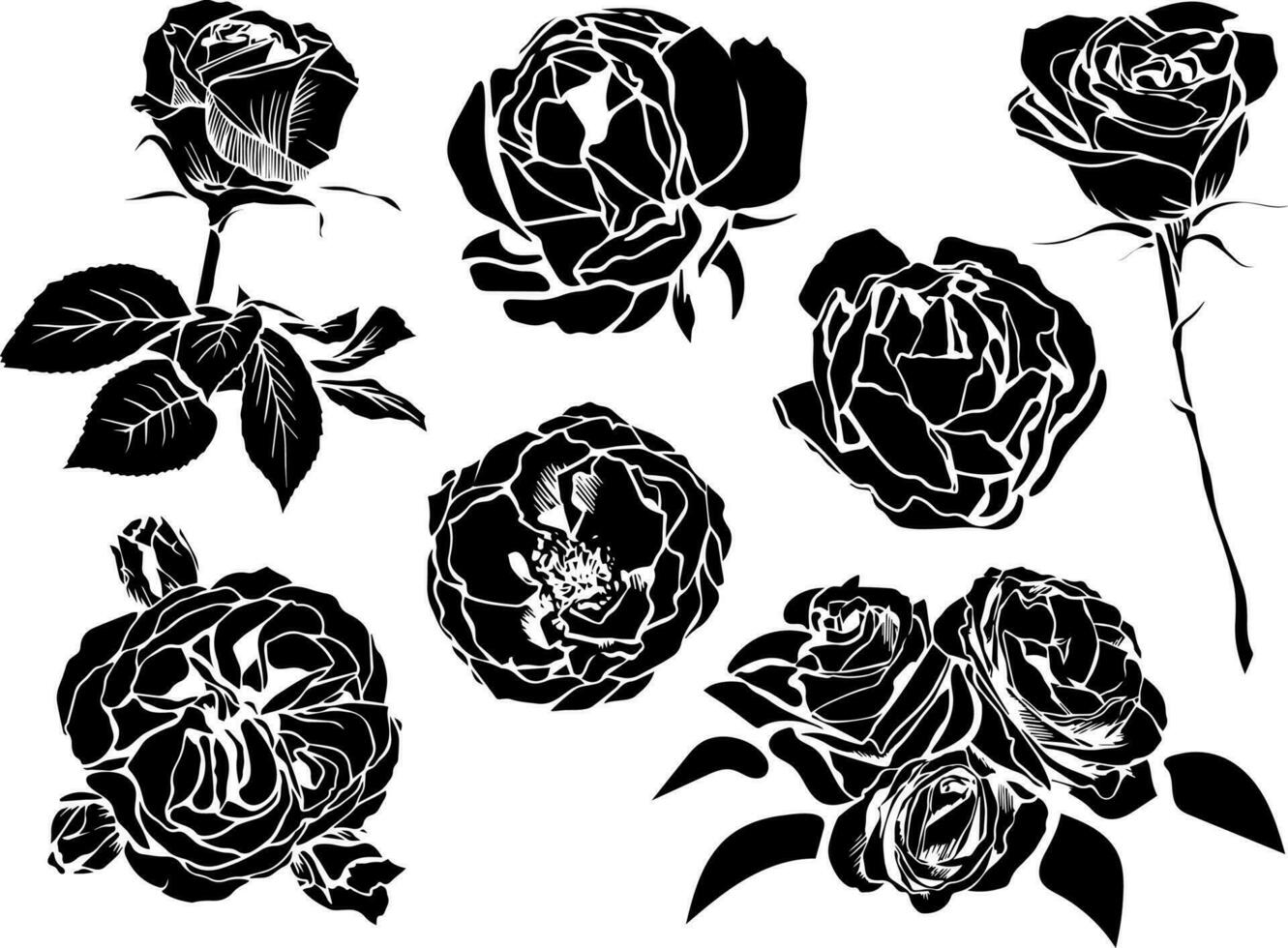 Vector set of black silhouette rose flowers with leaves and stems isolated on white background