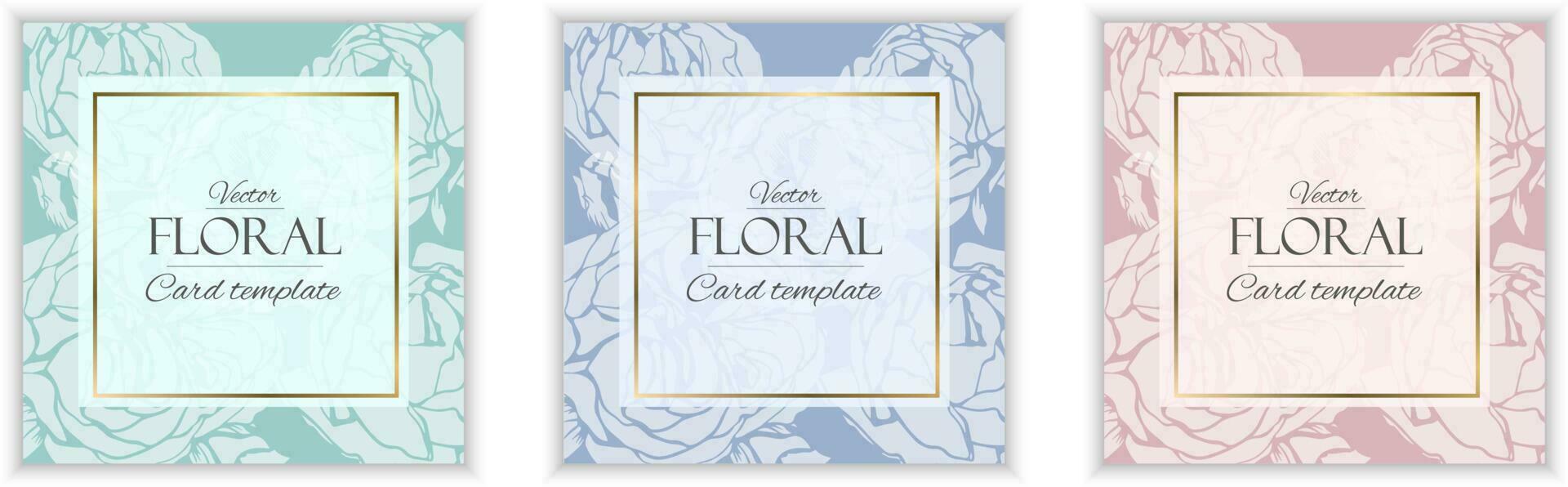 Set of three vector greeting card templates with silhouette roses in teal blue and pink colors