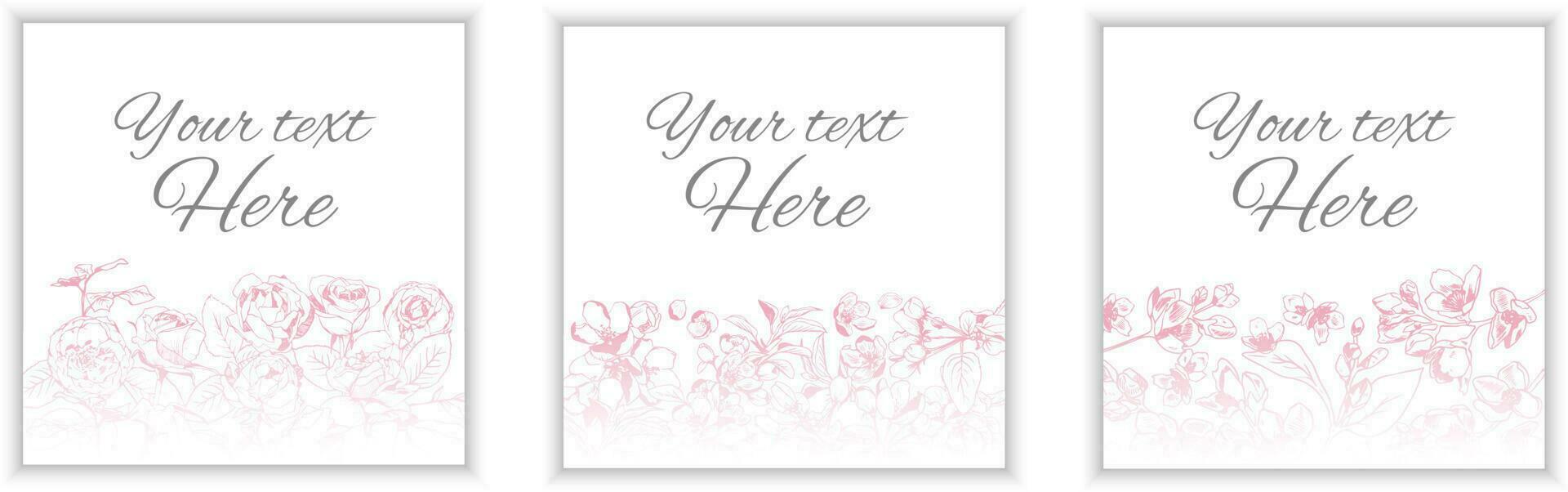 Set of three vector greeting card templates with pastel colored flowers on white background