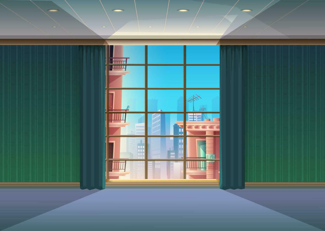 Cartoon style. Empty room. Restaurant, hotel, living room or bedroom with large window with curtains and city view. vector