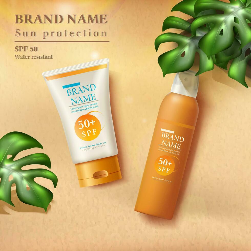 Vector summer sunscreen protection banner with sunscreen bottles on the sand  with sunbeams and tropical leaves.