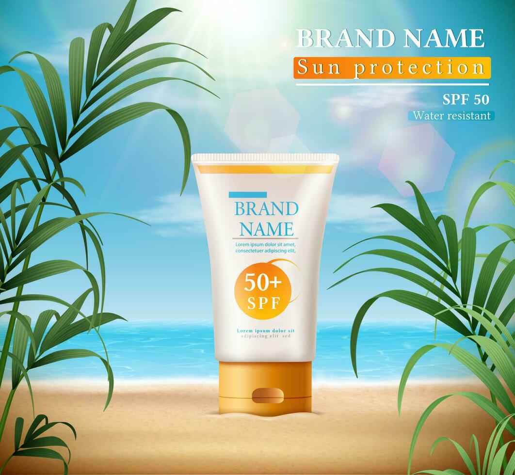Vector summer sunscreen protection banner with sunscreen bottle on the sand  with sunbeams and tropical leaves.