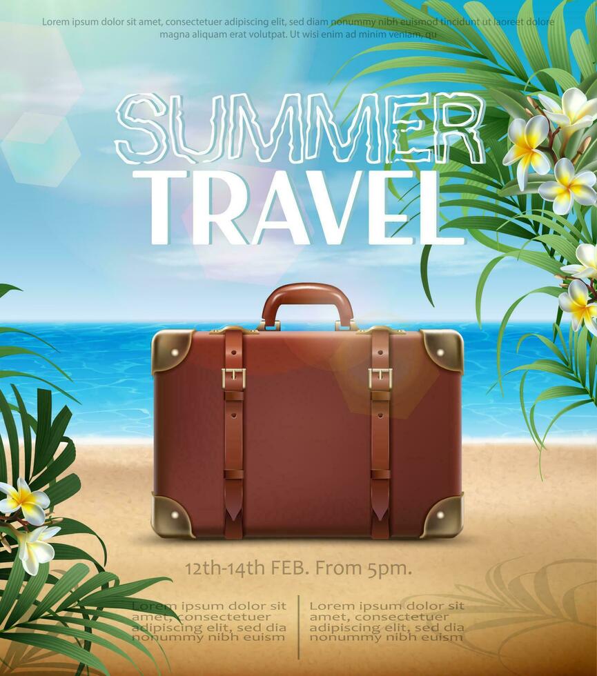 Summer travel background with beach and luggage on the sand. vector