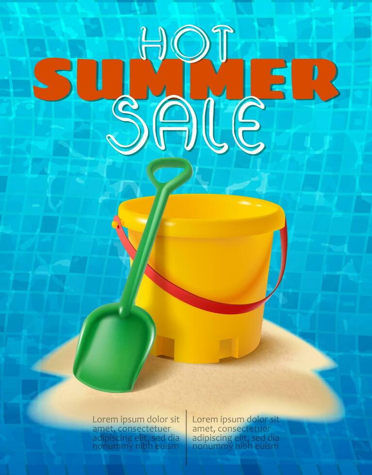 Vector summer background with sand kids play bucket and spade on the sand hill and water tiles background.