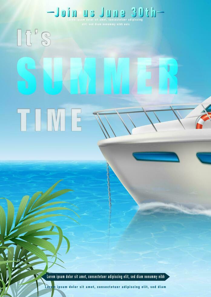 Summer time background with ocean view with the boat on the horizon. vector