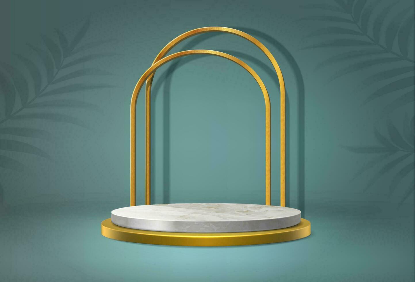 3d realistic vector background. Display stand, podium with arch in gold. Minimalistic style.