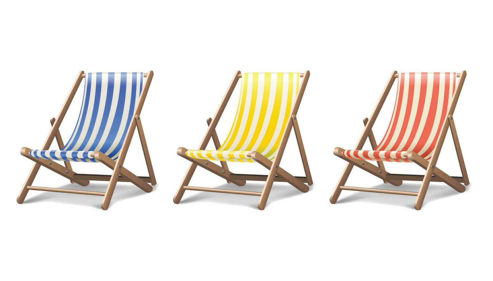 3d realistic vector vacation icon set beach sunbed in three different colours. Summertime relax. Isolated on white background illustration.