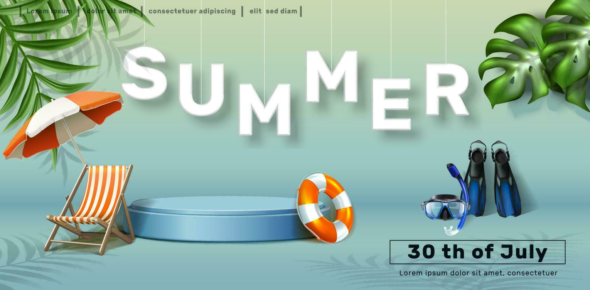 Vector summer sale horizontal banner template with summer beach elements, sun bed, umbrella and diving mask.