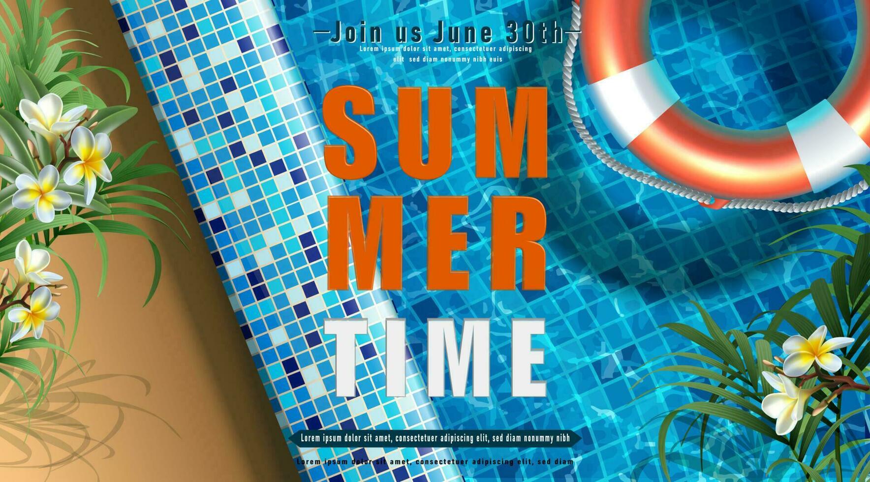 Vector summer party banner template. Pool party with inflatable rings in the water.