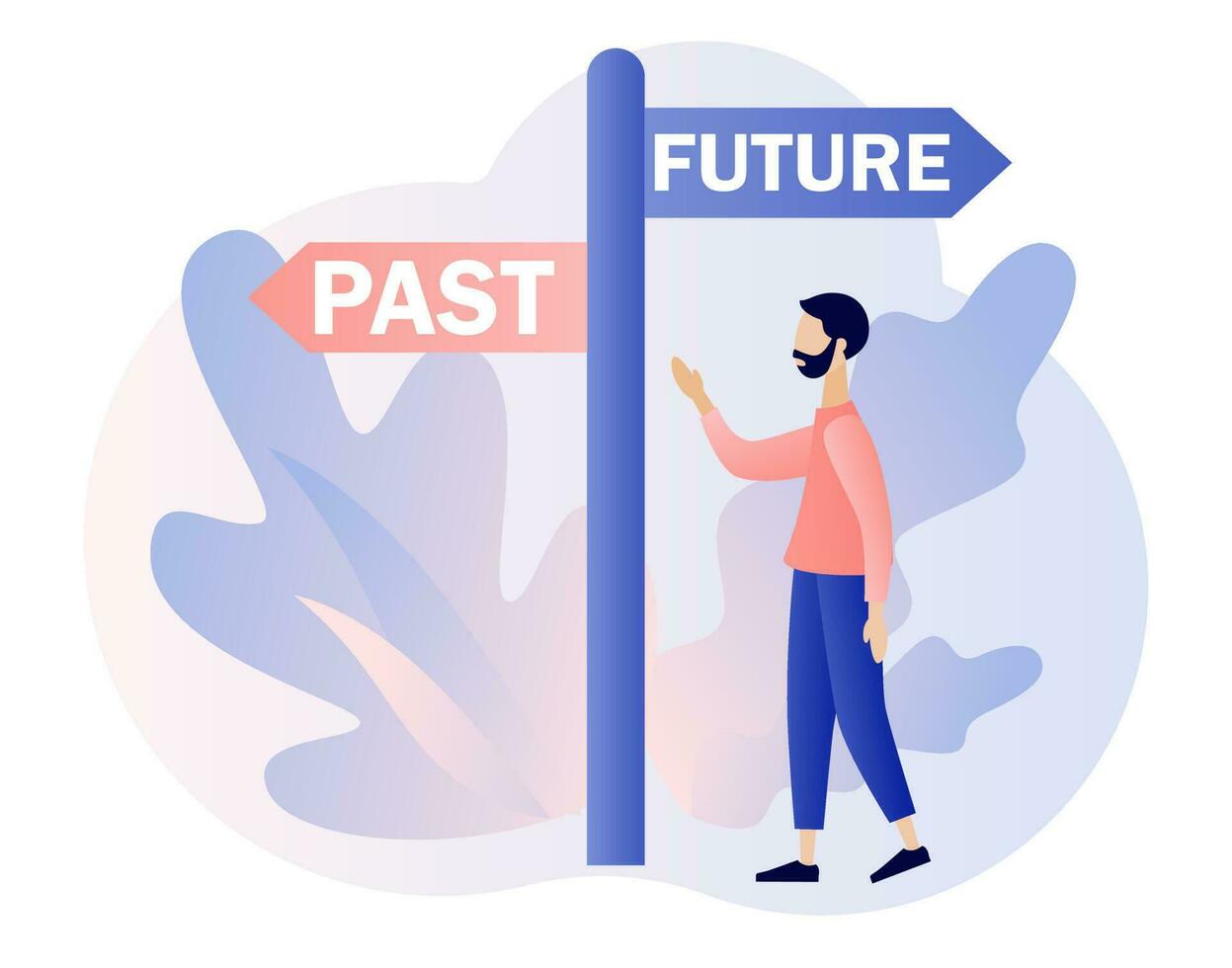 Past and future concept. Tiny man choice between past and future. Business alternative. Move forward metaphor. Modern flat cartoon style. Vector illustration on white background