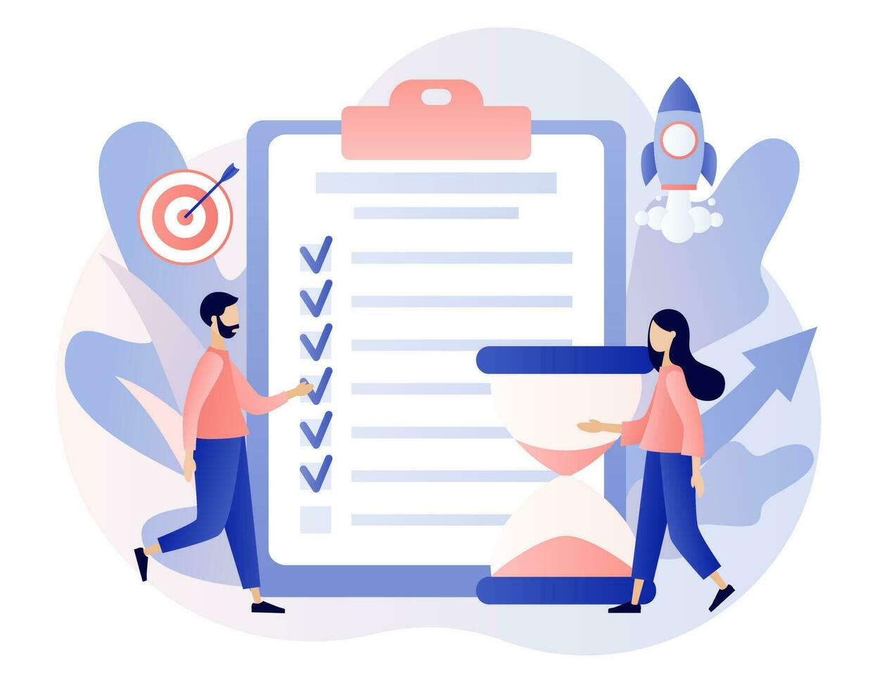 Productivity concept. Effective job planning. Discipline, time management, employee performance and self-organization. Modern flat cartoon style. Vector illustration on white background