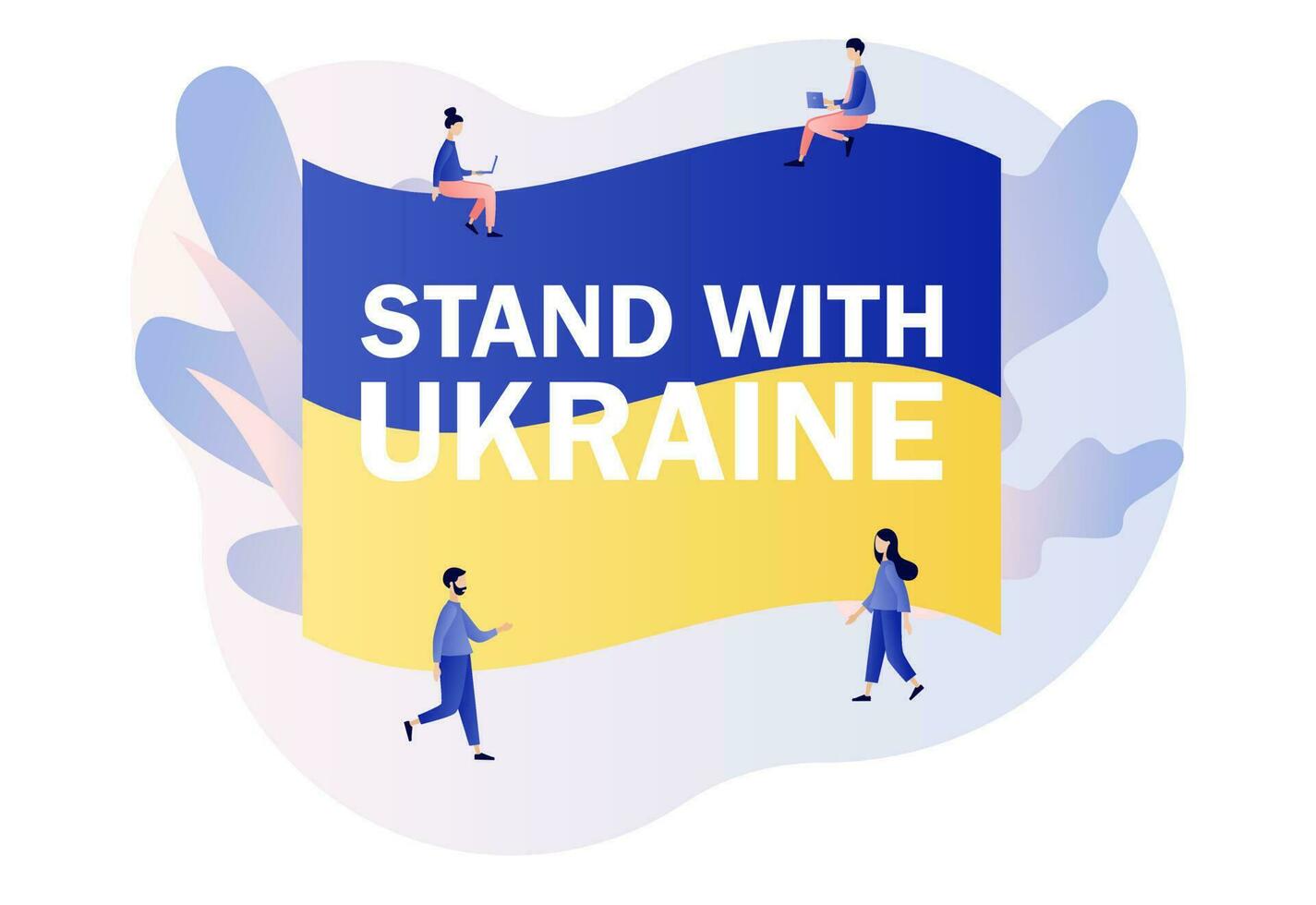 Stand with Ukraine on blue and yellow Ukrainian flag. Tiny people with flag of Ukraine. Stop war. No war. Modern flat cartoon style. Vector illustration on white background