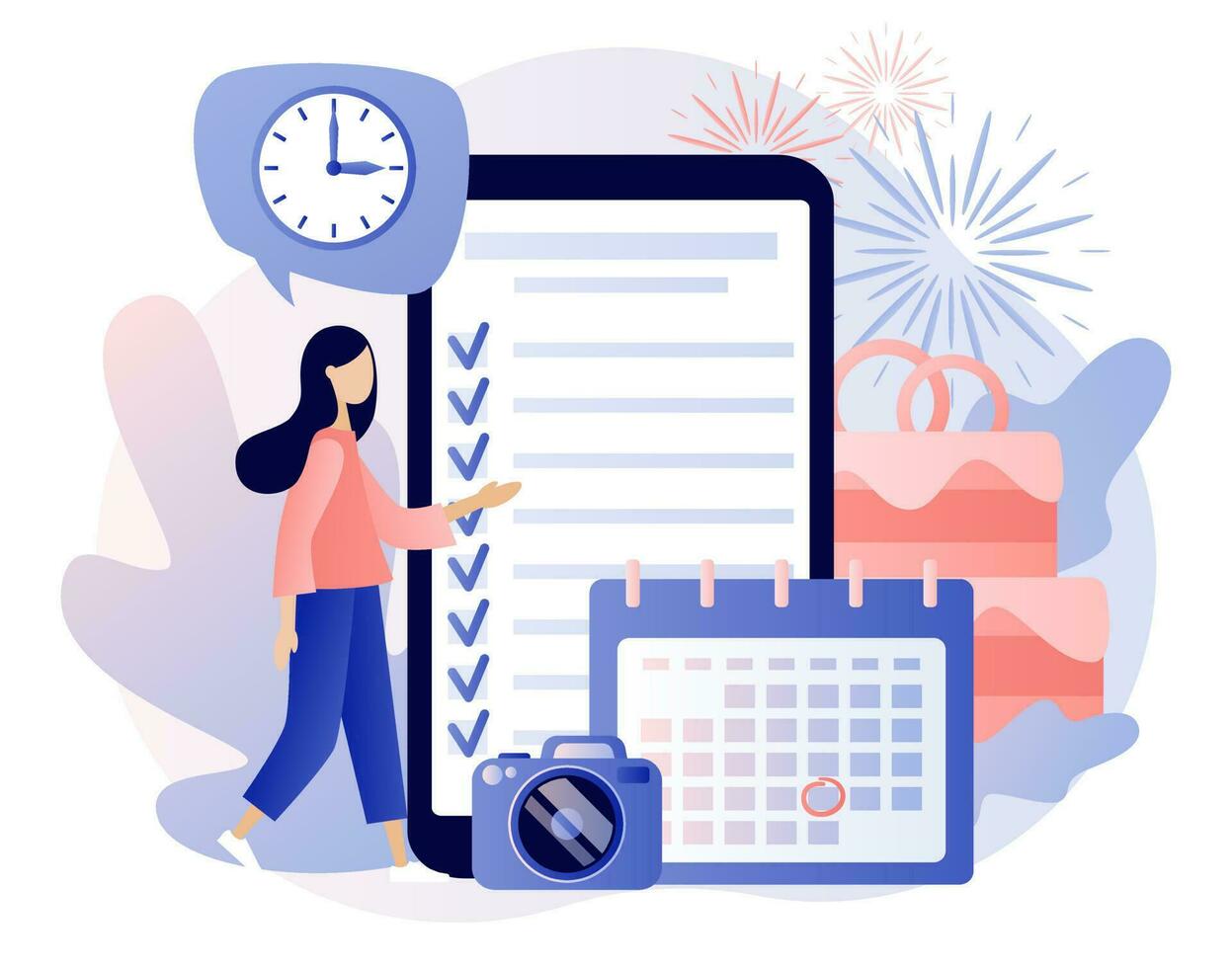 Event management. Wedding planner in smartphone app. Manager planning event, conference or party. Professional organizer. Schedule. Modern flat cartoon style. Vector illustration on white background