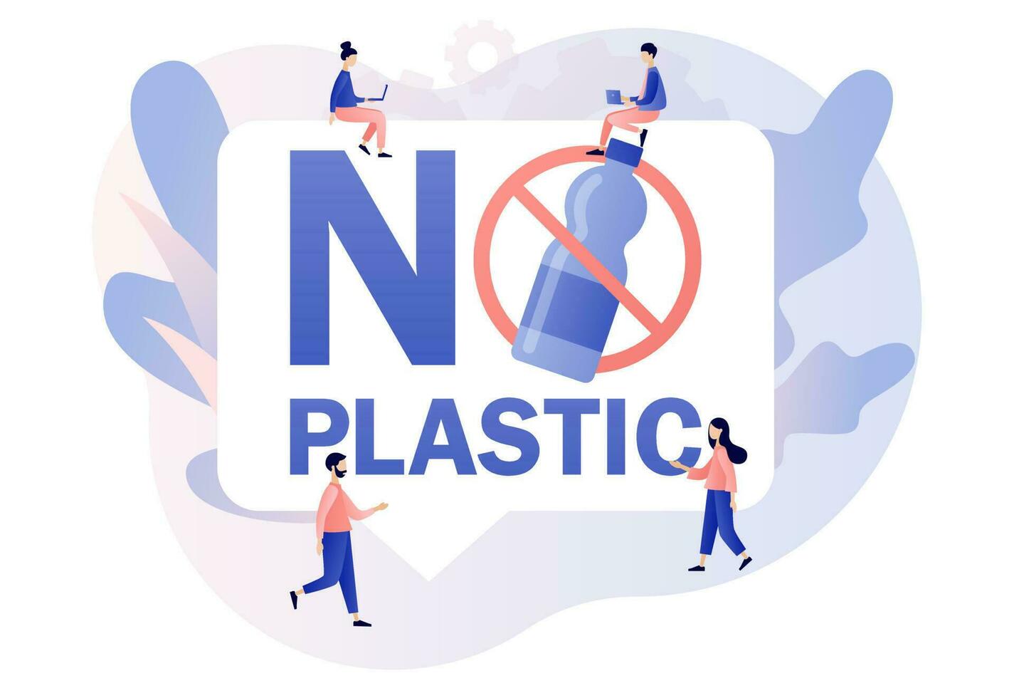 No plastic sign. Tiny people protest against plastic garbage. Reduce pollution. Environmental concept. Modern flat cartoon style. Vector illustration on white background