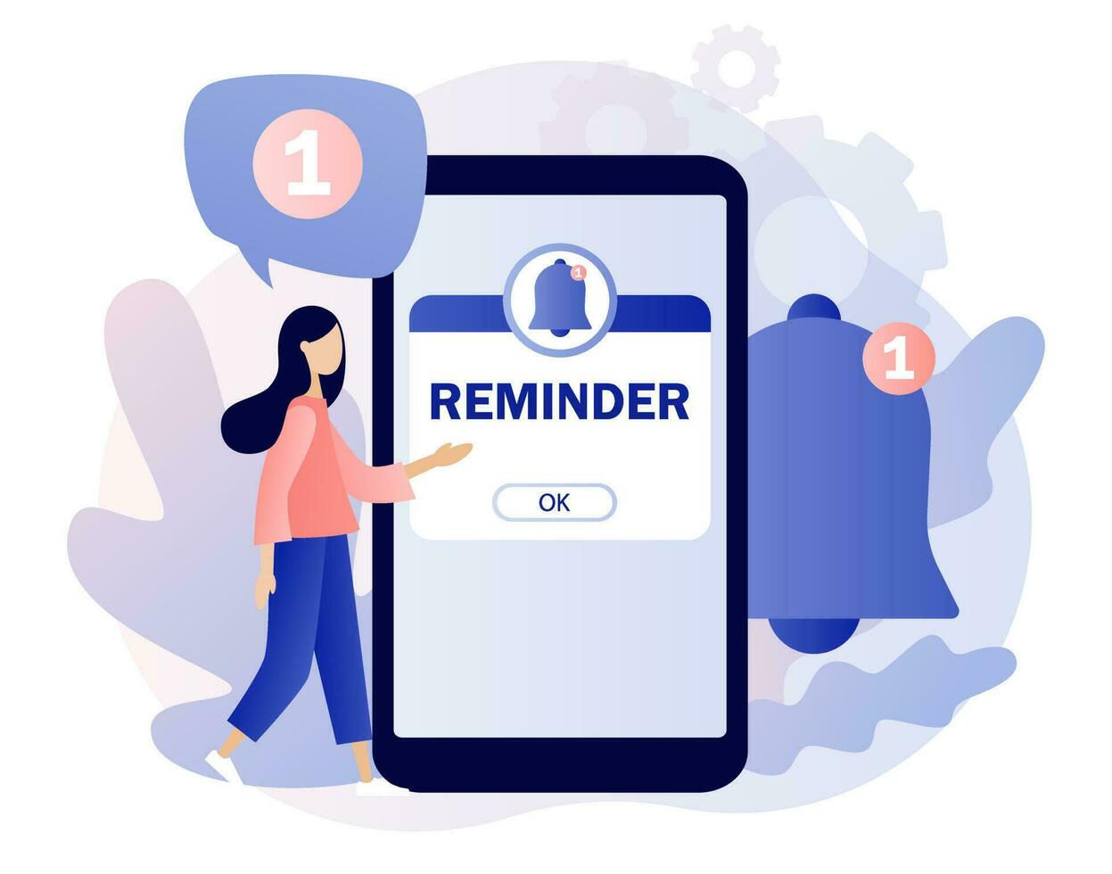 Reminder concept. Notifications page with notification bell on smartphone. New notice. Important reminder. Event push message. Modern flat cartoon style. Vector illustration on white background