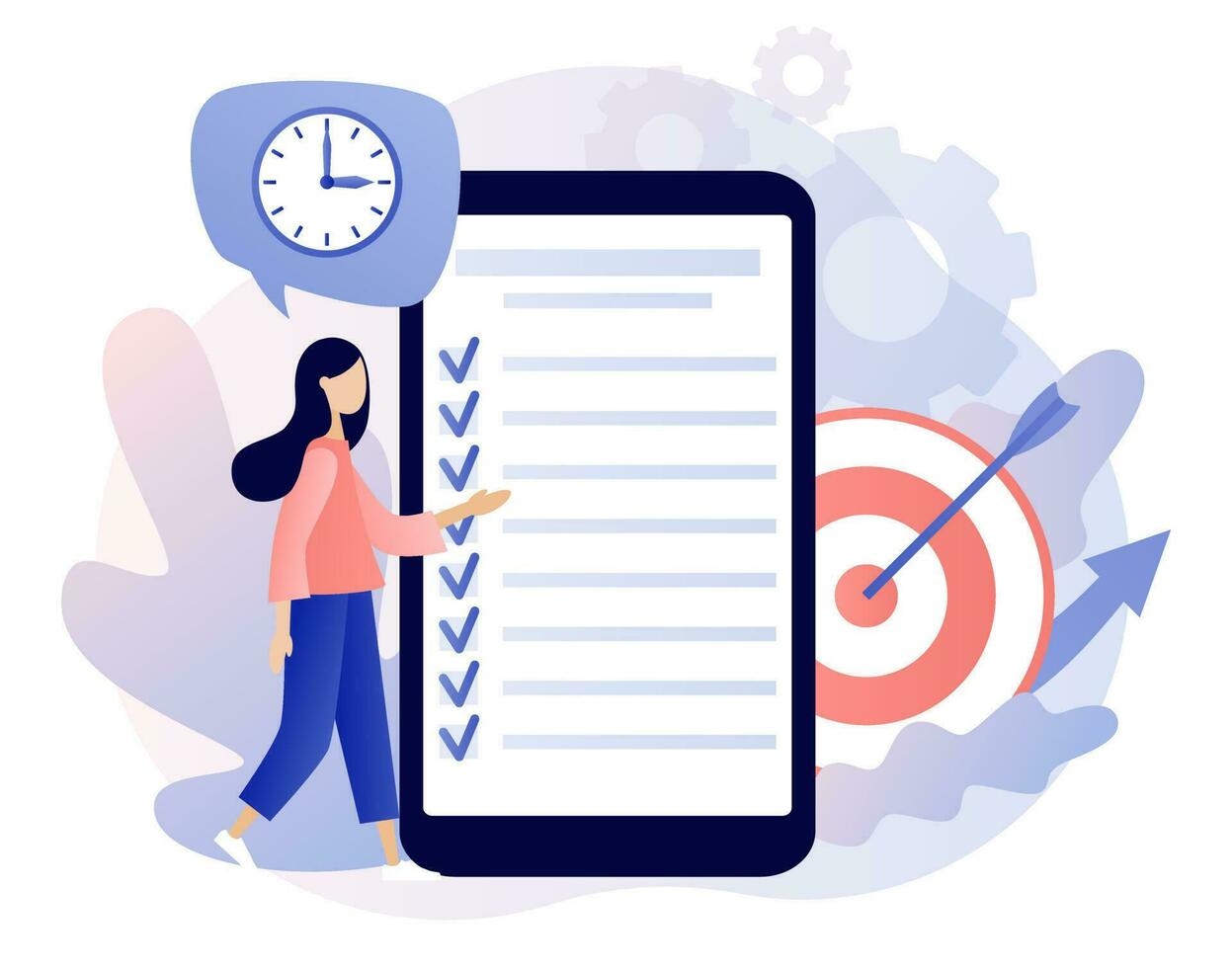 Productivity concept. Discipline, time management, employee performance and self-organization. Effective job planning in smatphone app. Modern flat cartoon style. Vector illustration