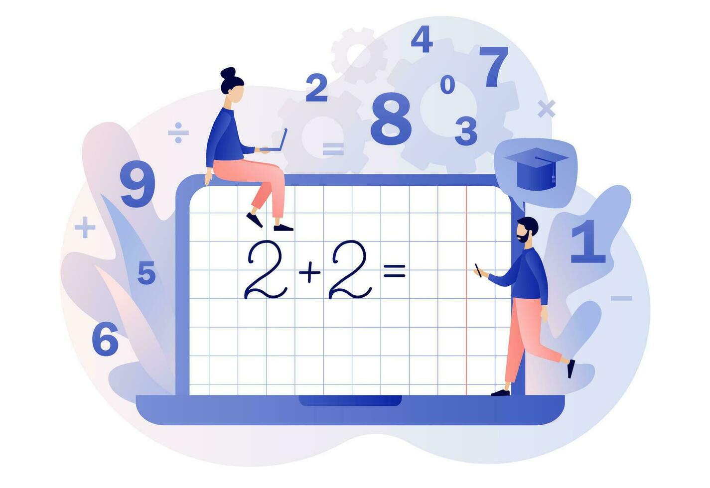 Mathematic class. Tiny people learning math. Arithmetic symbols on laptop screen. Education and knowledge concept. Modern flat cartoon style. Vector illustration on white background