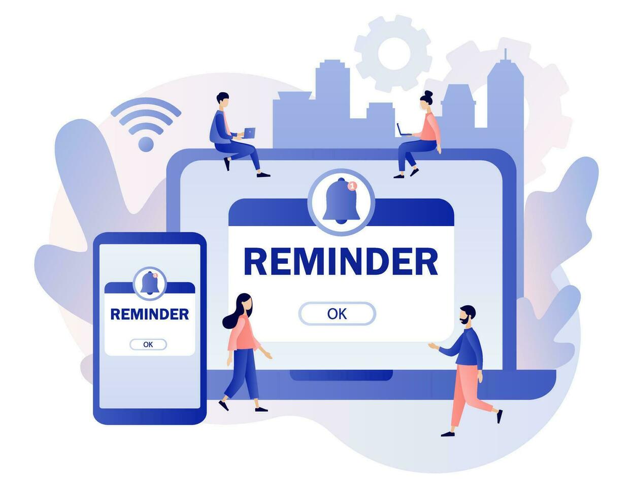 Reminder concept. Notifications page with notification bell on smartphone and laptop. New notice. Important reminder. Event push message. Modern flat cartoon style. Vector illustration