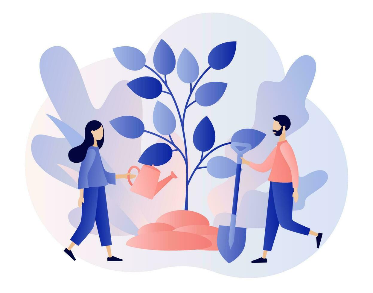 jardinería concepto. minúsculo personas con jardinería equipo plantando árbol. creciente plantas. país vida. moderno plano dibujos animados estilo. vector ilustración en blanco antecedentes