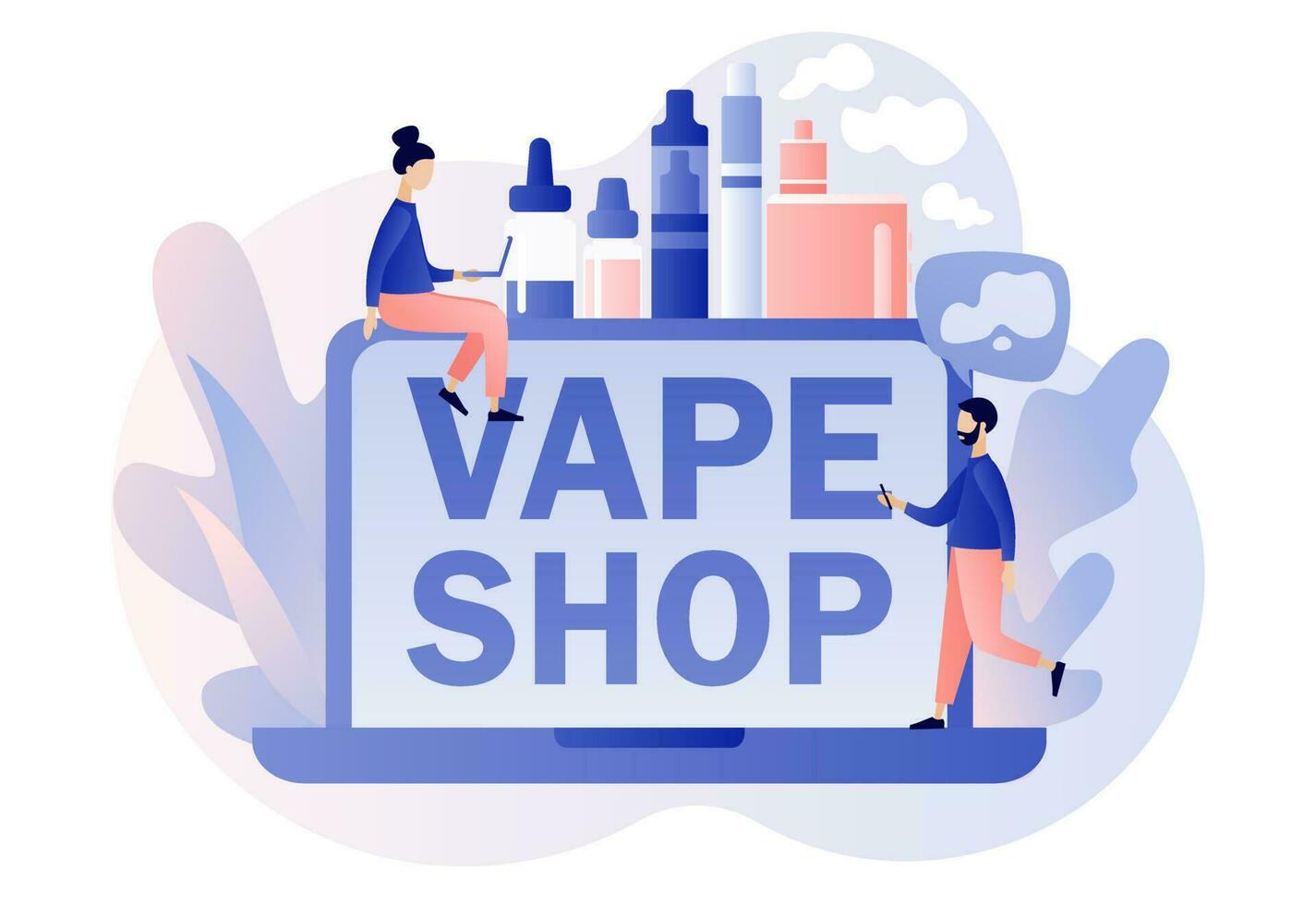 Vape Shop online. Alternative smoking device. Electronic cigarette products. Vaping concept. Analog nicotine intake. Dangerous addiction. Modern flat cartoon style. Vector illustration