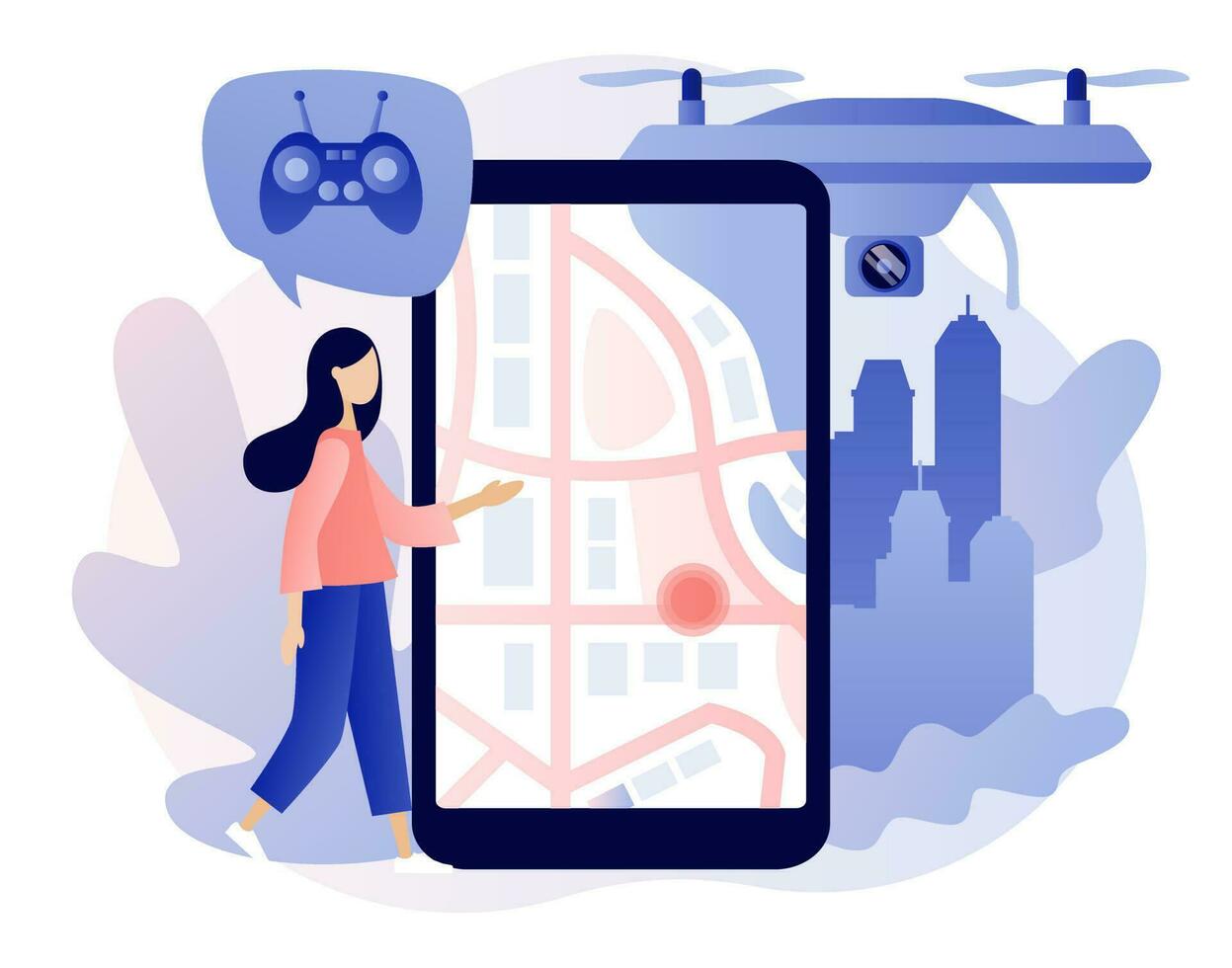 Drone with camera. Drone videography, aerial photography, quadcopter operator, air survey services, drone photo on smartphone. Modern flat cartoon style. Vector illustration on white background