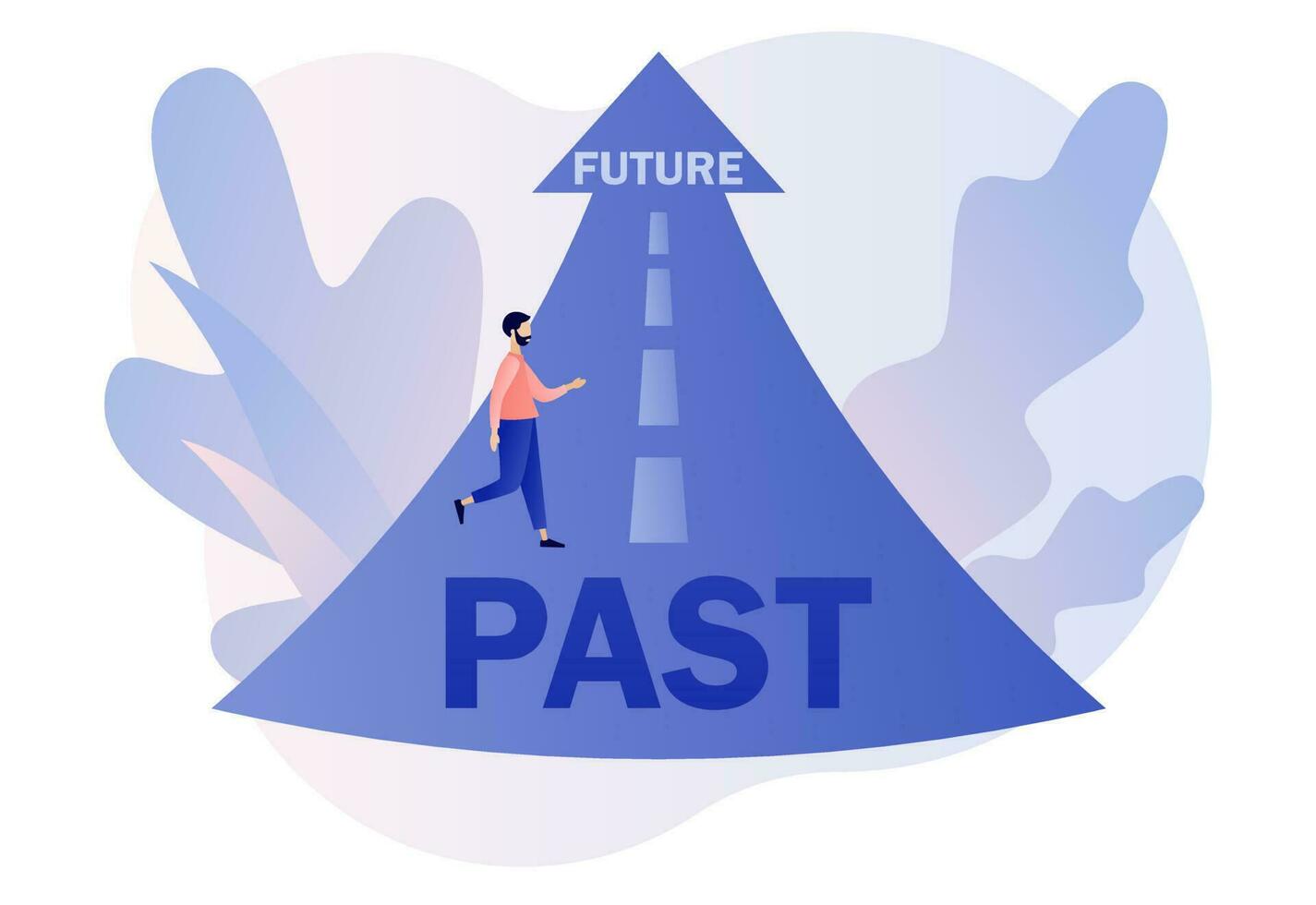 Past and future concept. Tiny man moving forward. Choice between past and future metaphor. Business alternative. Modern flat cartoon style. Vector illustration on white background