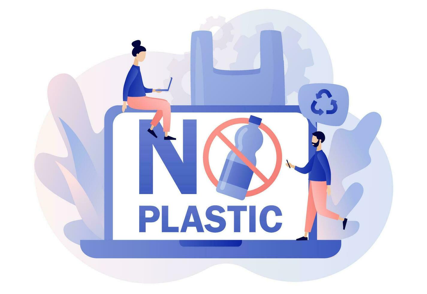 No el plastico firmar en ordenador portátil pantalla. minúsculo personas en contra el plastico basura. reducir contaminación. ambiental concepto. moderno plano dibujos animados estilo. vector ilustración en blanco antecedentes