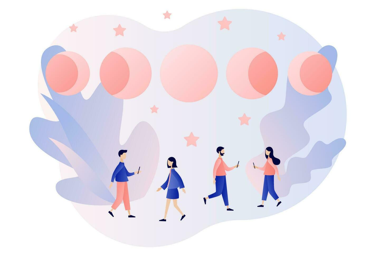 Moon phases. Astrology concept. Night space astronomy. Magic lunar witchcraft card. Modern flat cartoon style. Vector illustration on white background
