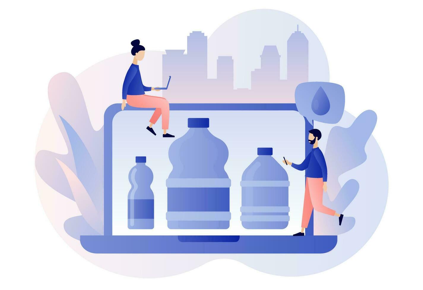 Water delivery service online. Bottles with clean water. Supply, shipping. Modern flat cartoon style. Vector illustration on white background