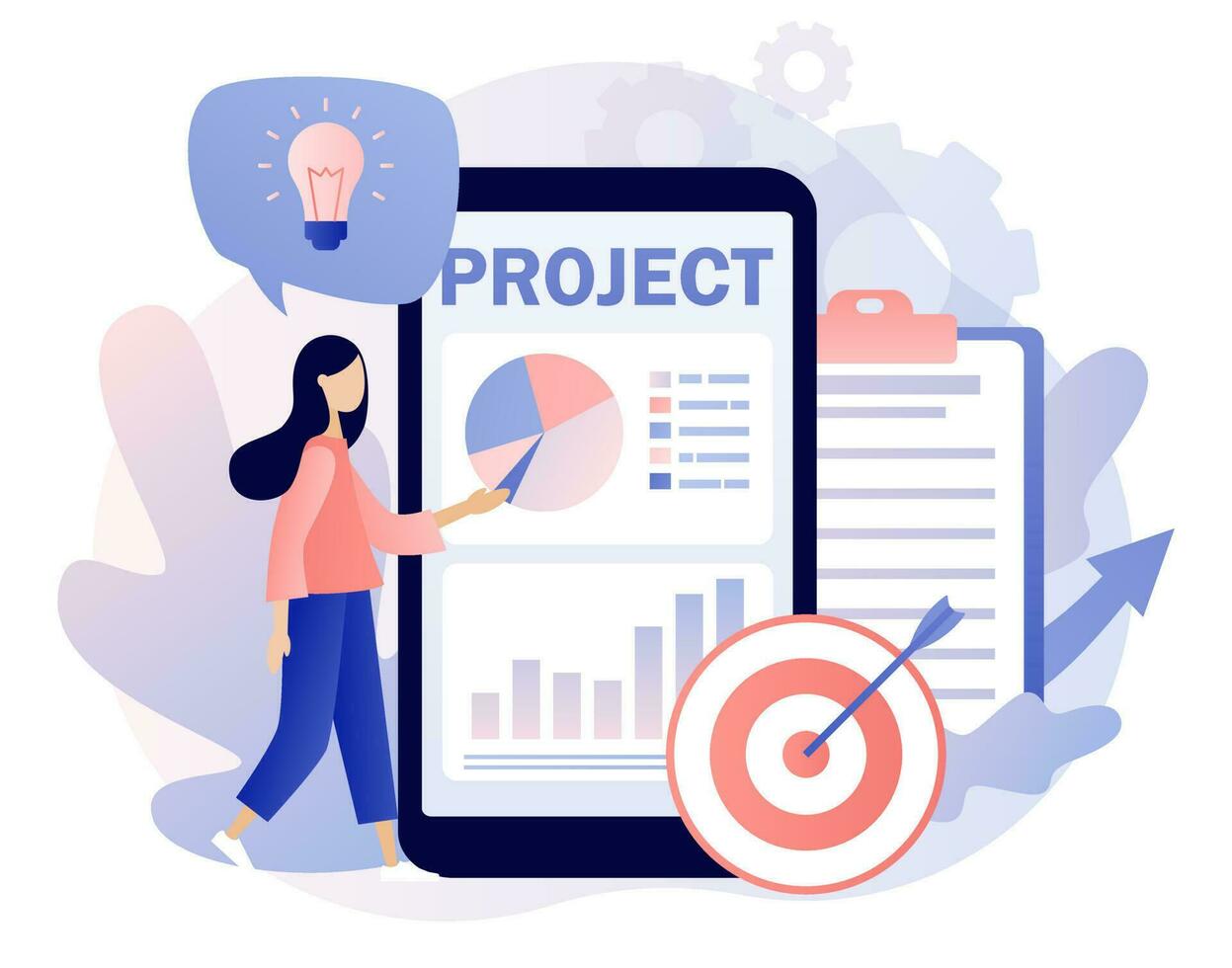 Project management. Marketing analysis and development in smartphone app. Successful strategy, motivation and leadership. Modern flat cartoon style. Vector illustration on white background