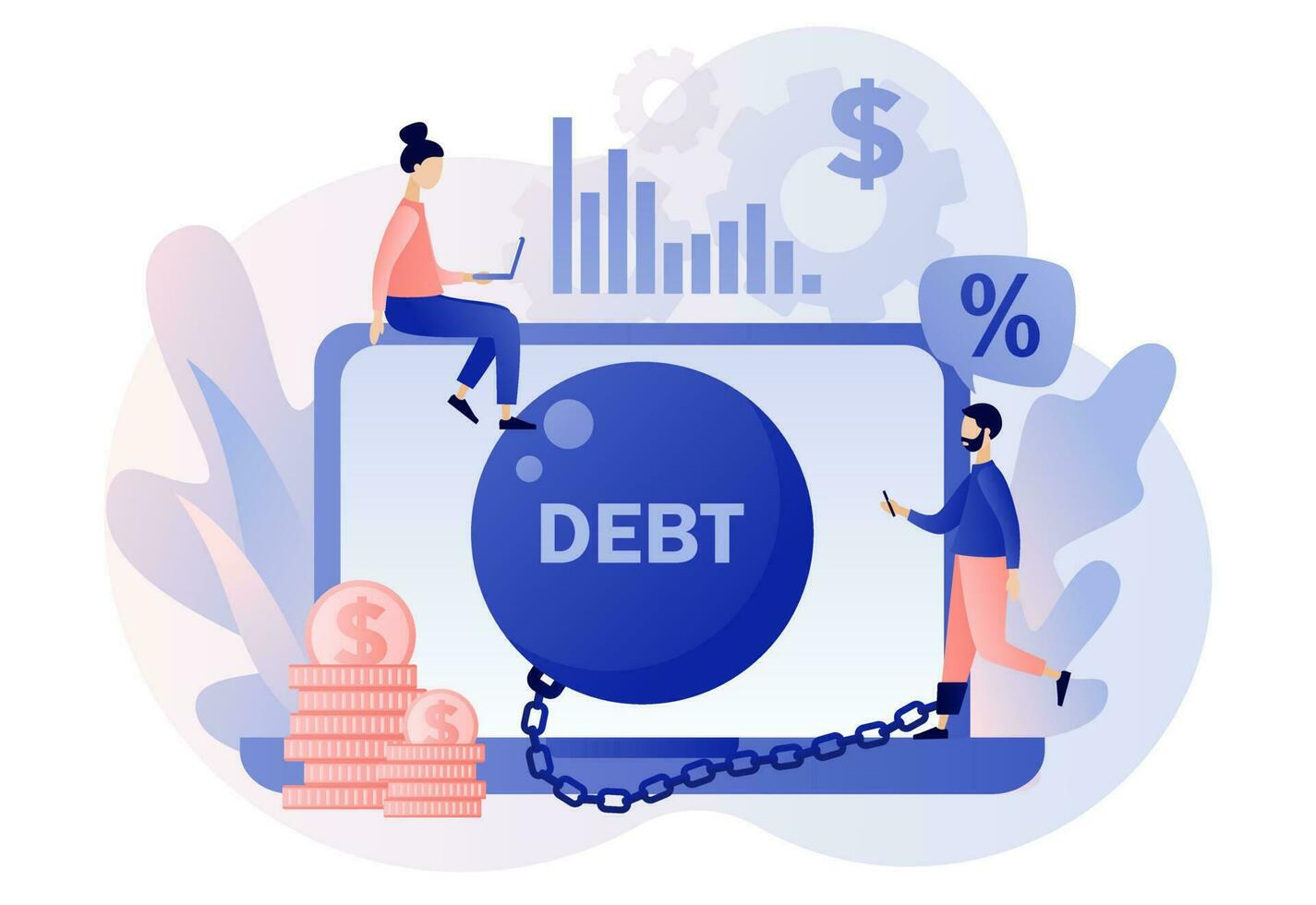 Money debts online concept. Tiny man chained by huge weight debt metal ball have financial problems. Banking, bankruptcy, finance. Modern flat cartoon style. Vector illustration on white background