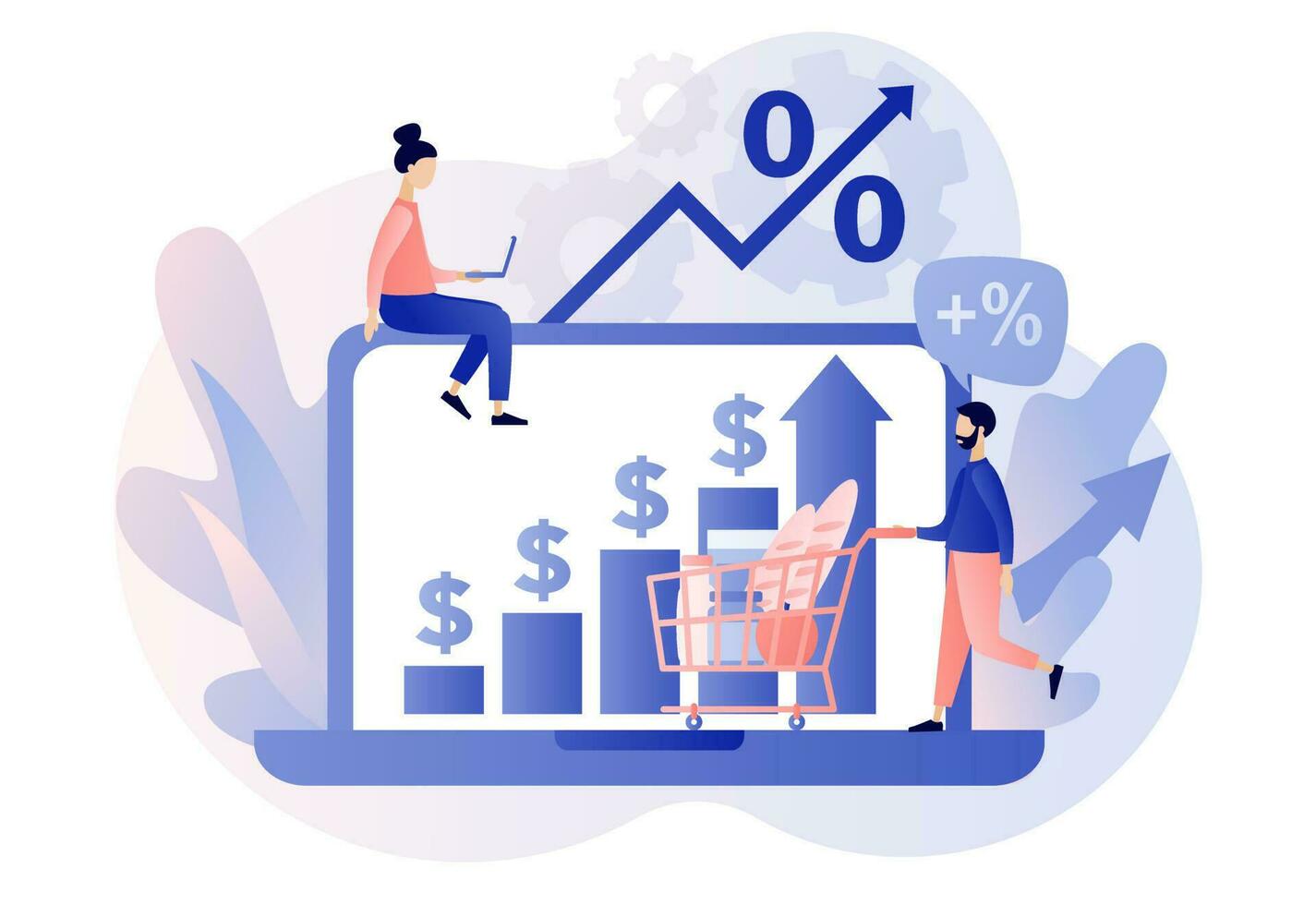 Inflation in economy. Rising food prices. Unstable prediction online financial problems. Crisis concept. Modern flat cartoon style. Vector illustration on white background