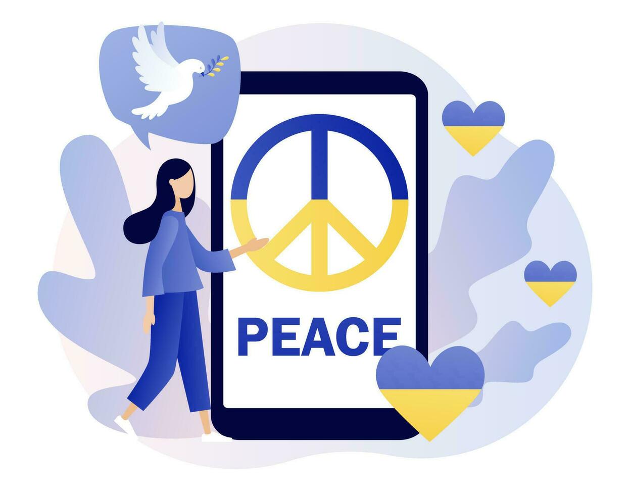 Ukraine peace symbols on smartphone screen. Flag of Ukraine. Dove of peace. Stand with Ukraine. Stop war. No war. Modern flat cartoon style. Vector illustration on white background