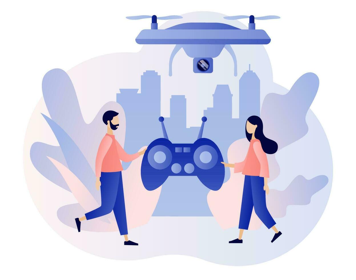 zumbido videografía, aéreo fotografía, quadcopter operador, aire encuesta servicios, zumbido foto. zumbido con cámara. moderno plano dibujos animados estilo. vector ilustración en blanco antecedentes