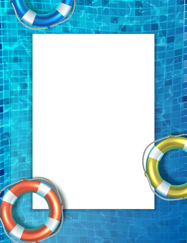 Summer background template. 3d realistic vector illustration. Swimming pool with colorful life saver. and copy space paper.