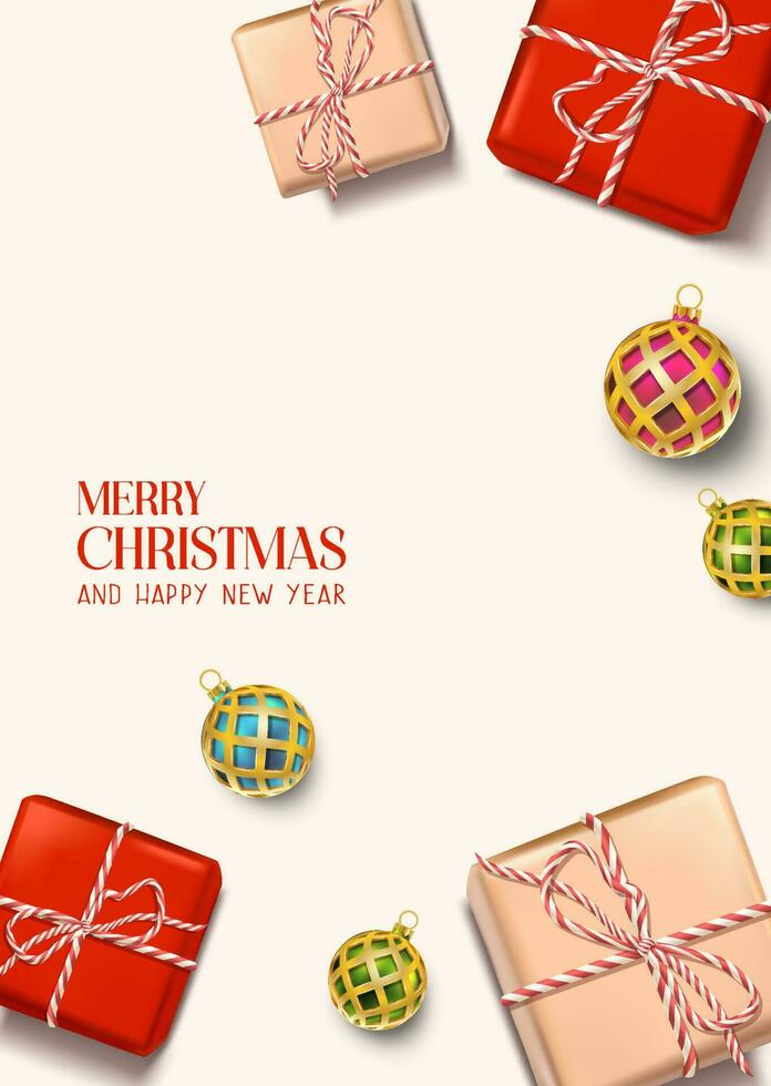 Vector illustration Merry Christmas and happy new year background. Holiday greeting banner, flyer and card. Gift present boxes and golden balls.