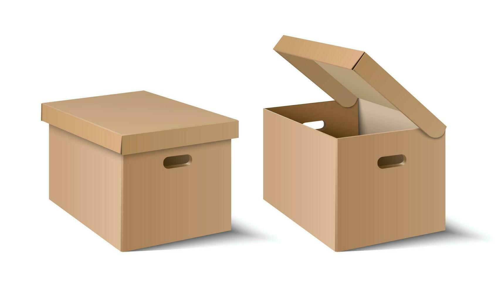 3d realista vector caja de cartón cuadrado caja en abierto y cerrado vista. aislado icono ilustración en blanco antecedentes.