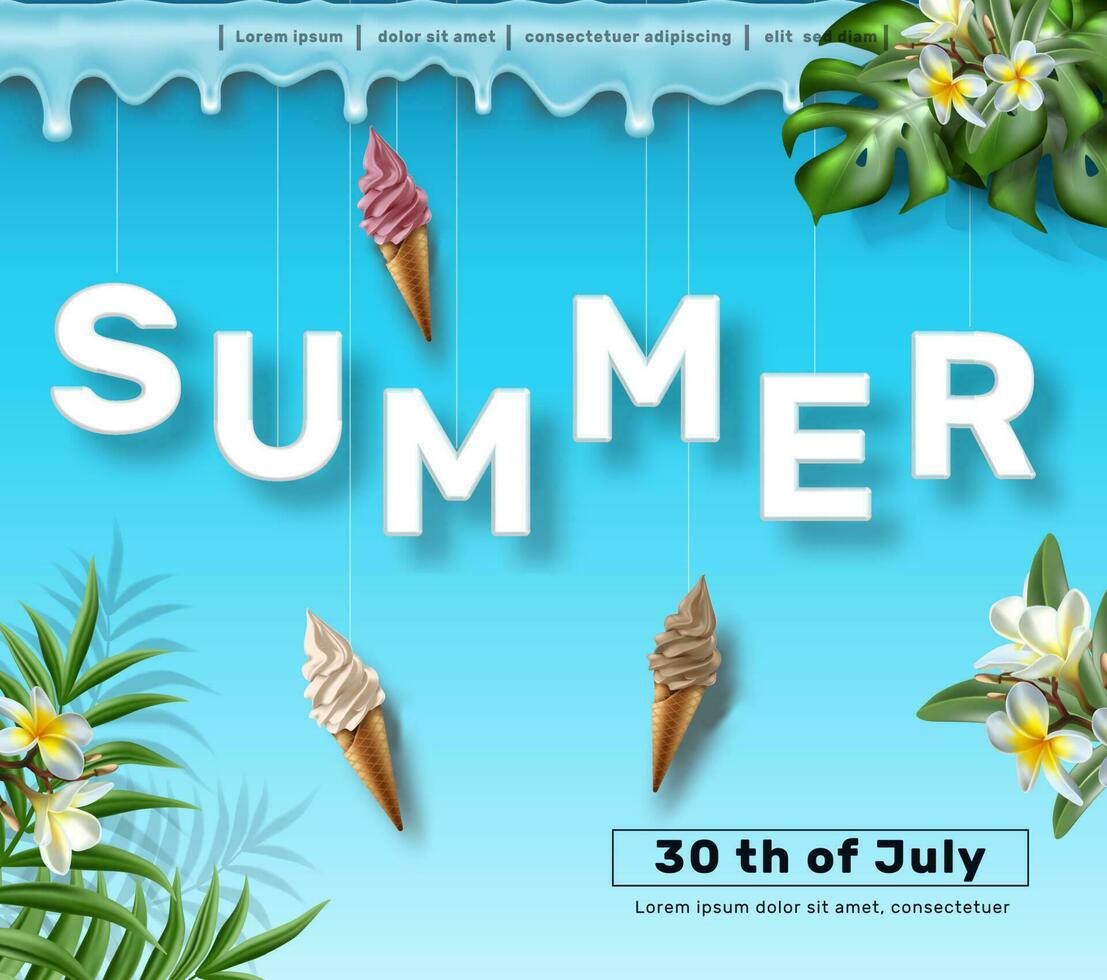 Vector summer sale banner template. Blue background with ice cream and tropical plants and flowers.
