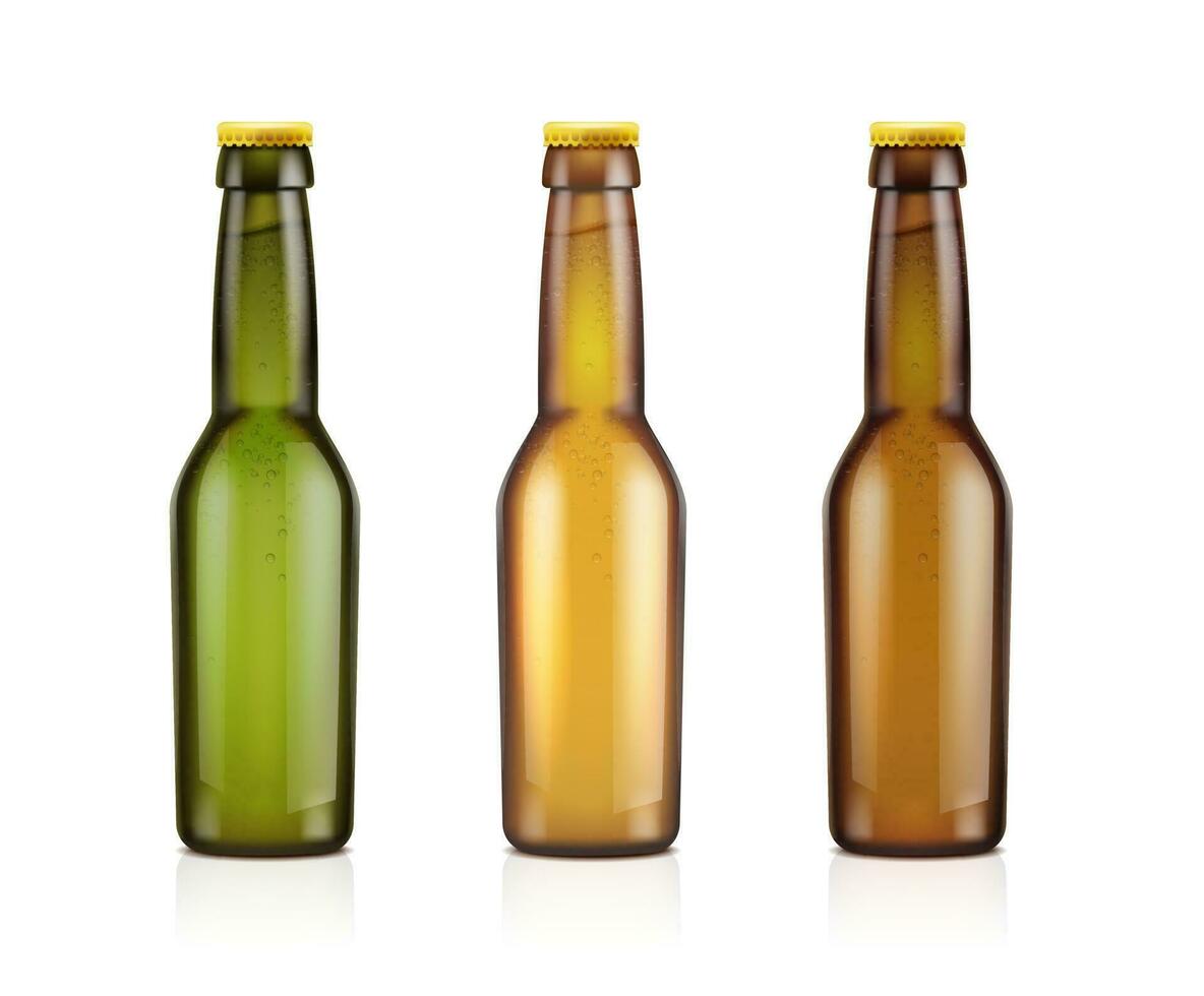 3d realistic vector icon. Set of brown, green and yellow transparent beer bottles. isolated on white background.