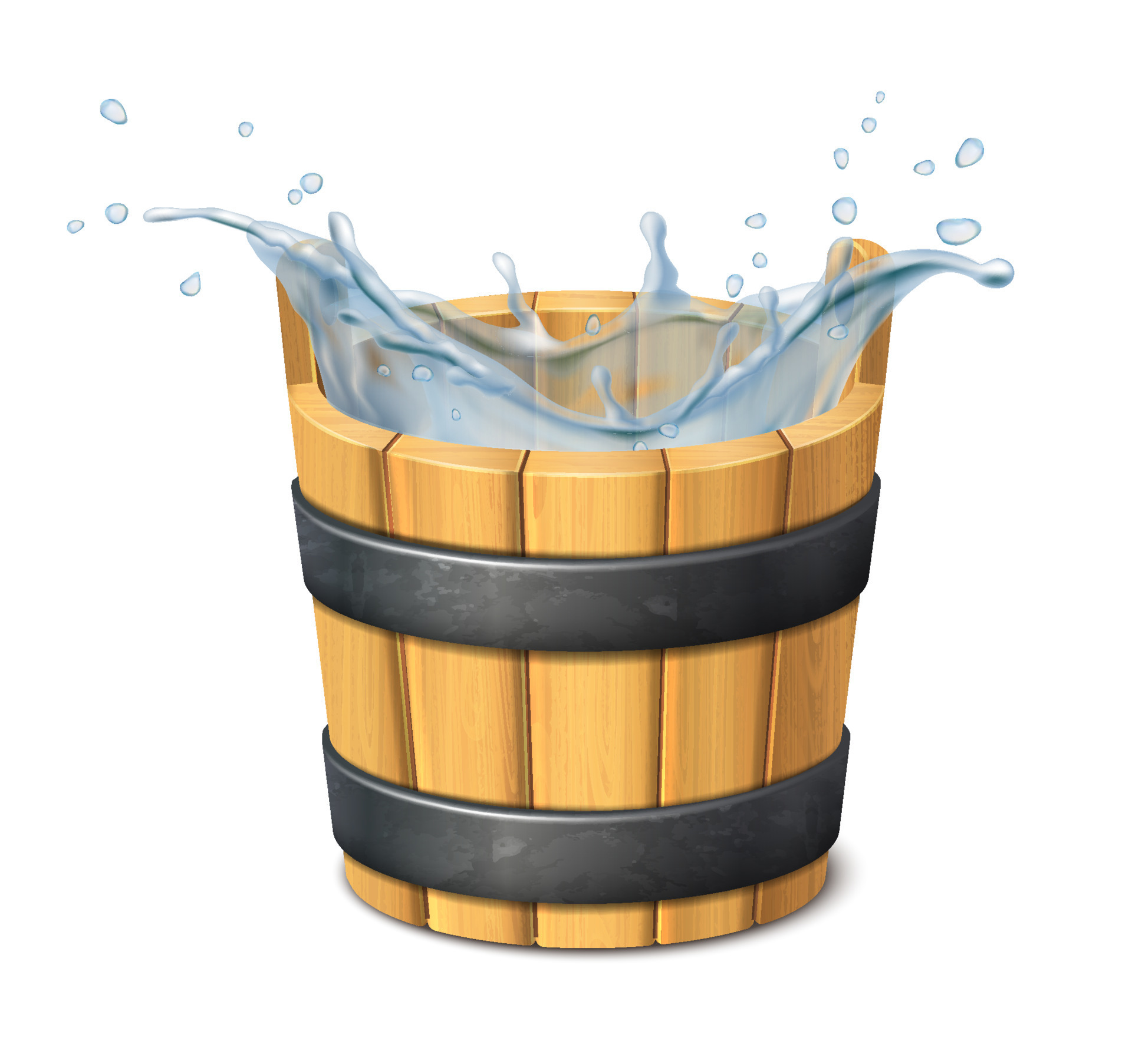 3d realistic vector icon. Water. Water splash. Wooden rustic bucket