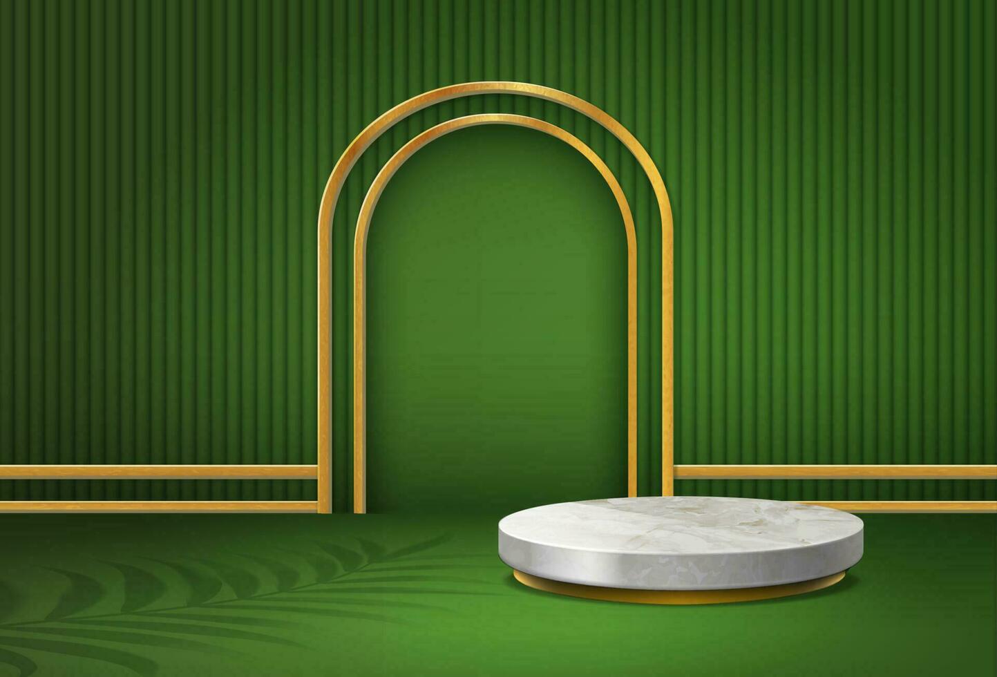 3d green realistic vector background. Display stand, podium with arch in gold. Minimalistic style.