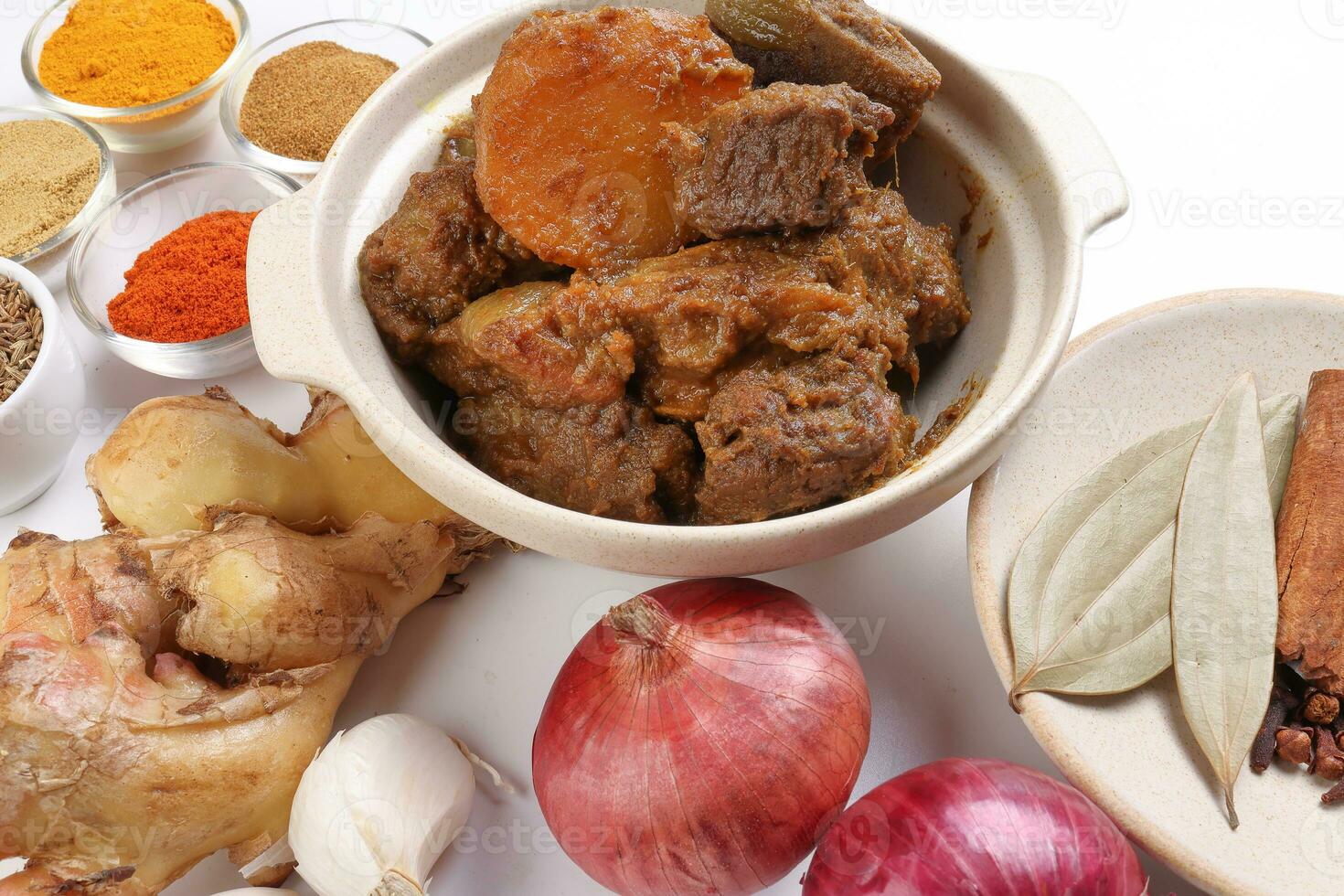 Beef bhuna dry curry with potato in ceramic bowl ingredients chilli cumin coriander turmeric powered salt onion garlic ginger bay leaf cinnamon cardamom clove over white background photo